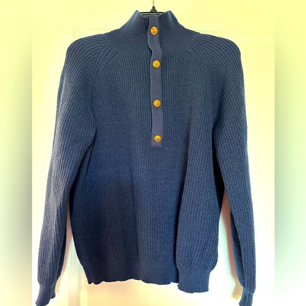 Navy blue ladies sweater with gold buttons